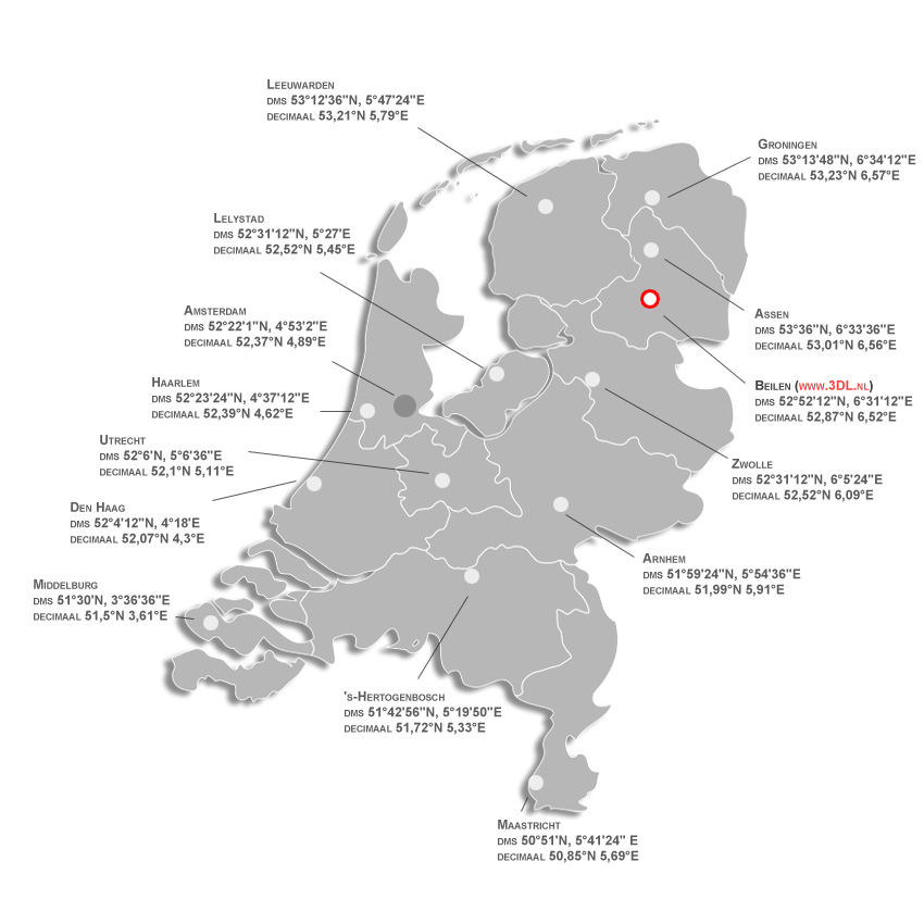 Kaart van Nederland met geografische coordinaten per hoofdstad