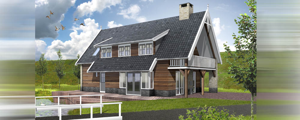 achtergevel impressie dijk woning met vlonder van hout