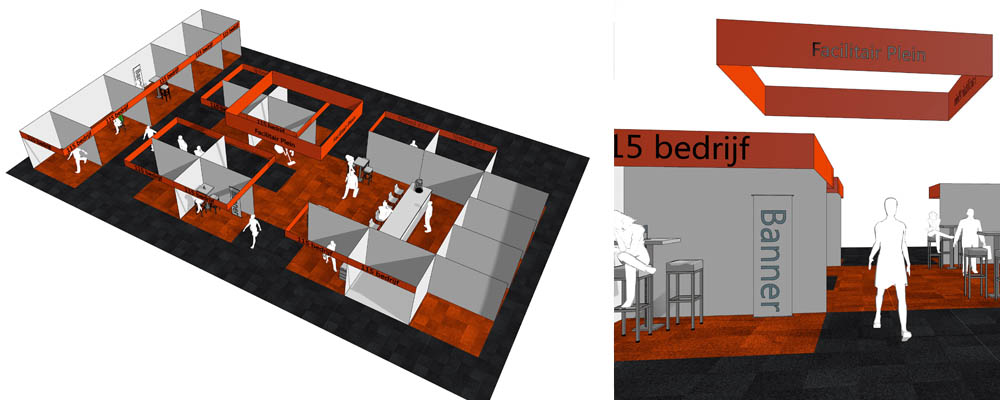 beurs plein bedrijven 3d impressie lijntekening