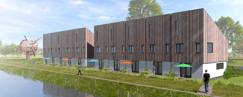 geschakelde woningen achtertuinen met uitzicht over het water