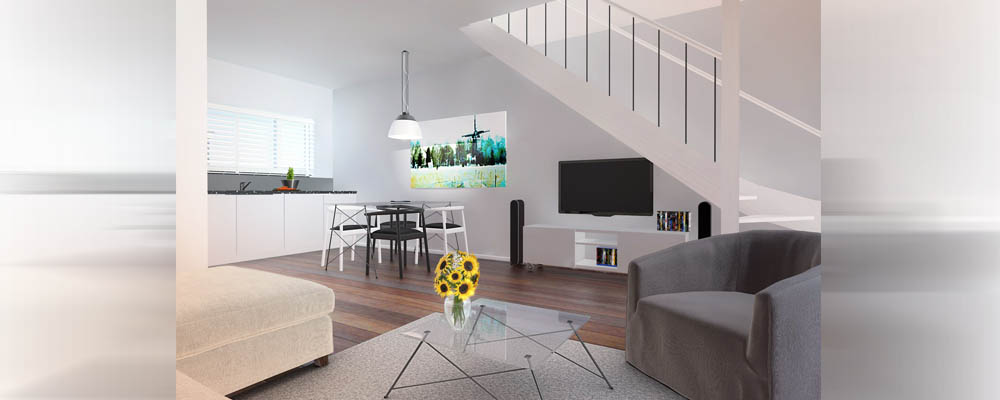 licht fris interieur met houten vloer in 3D