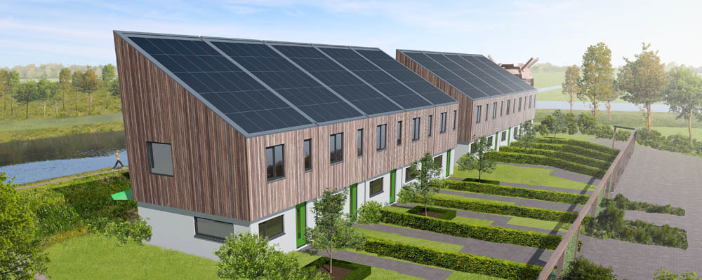 geschakelde woningen met zonnepanelen impressie hoogezand