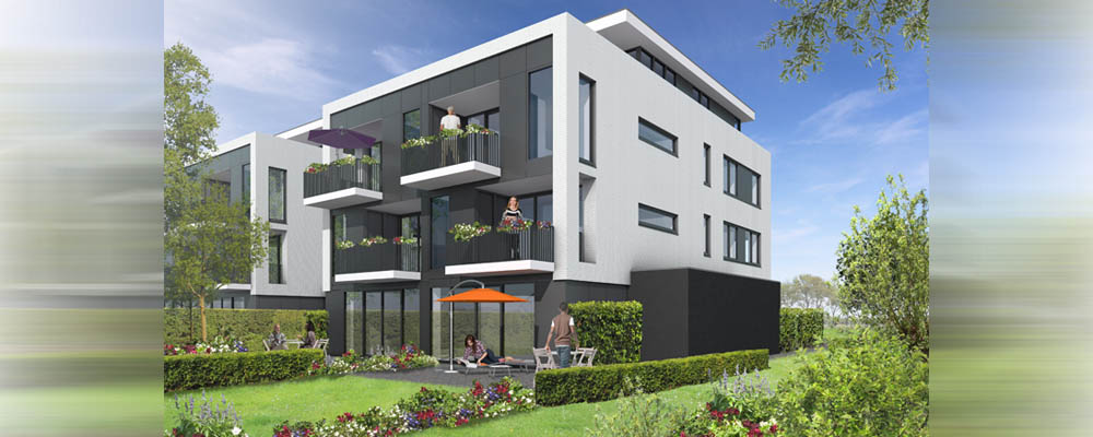 vastgoed impressie achtertuin appartementencomplex en balkons